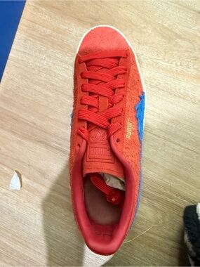 Puma Kids Red Suede Sneakers with Blue Stripe